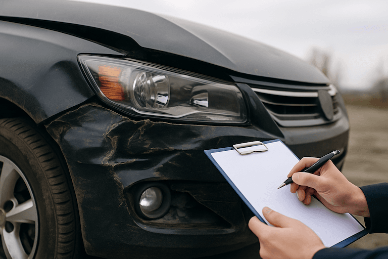 Insurance adjuster assessing damage to a car's front bumper