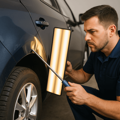 Technician performing paintless dent repair on a car